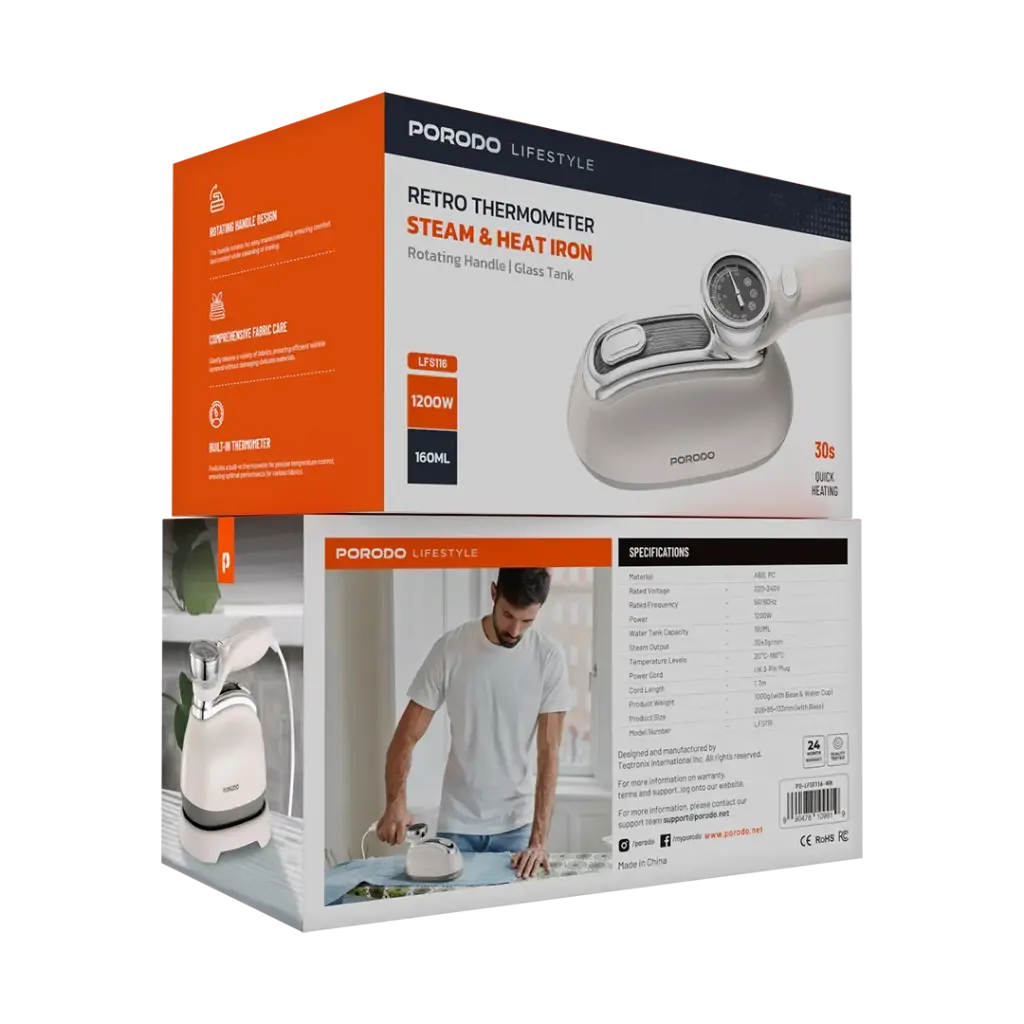Porodo Lifestyle Retro Thermometer Steam & Heat Iron - White