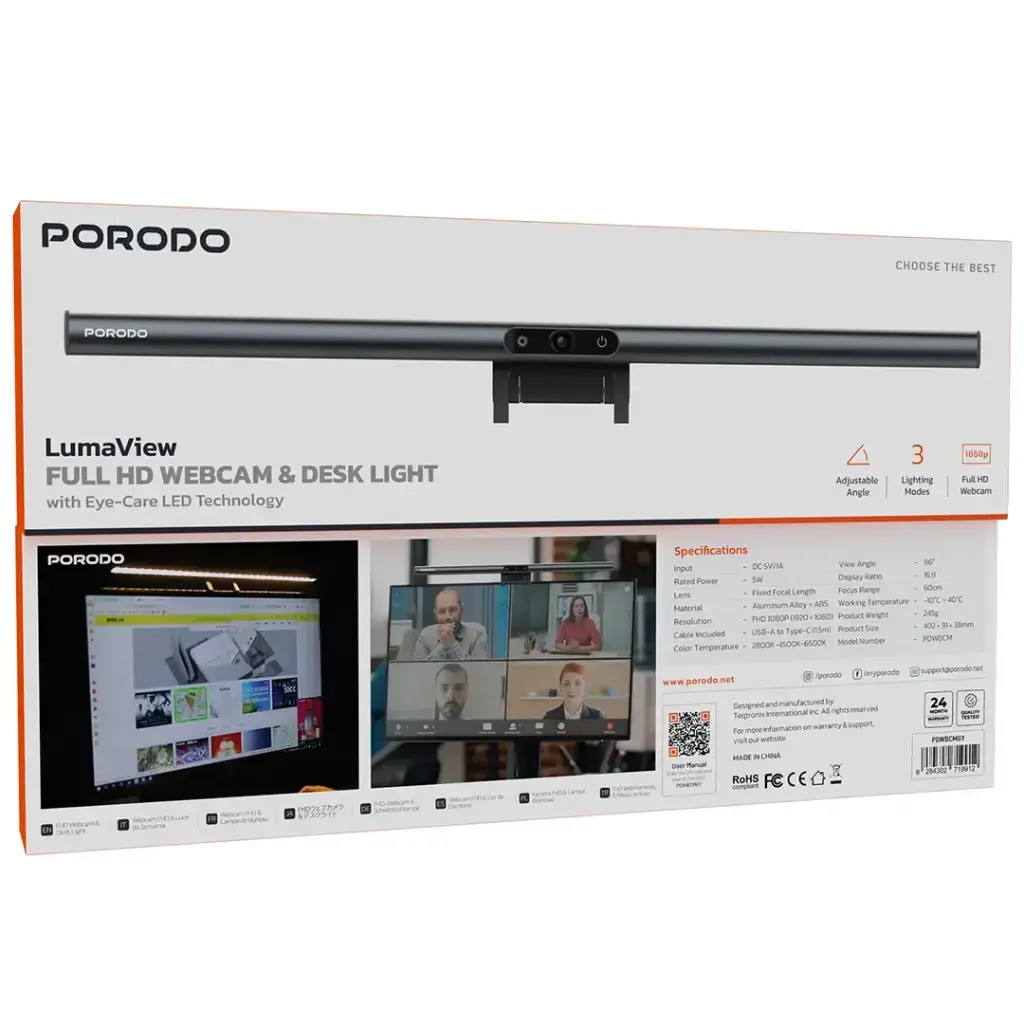 Porodo LumaView Full HD Webcam & Desk Light with Eye-Care LED Technology - Gray Porodo LumaView Full HD Webcam & Desk Light with Eye-Care LED Technology - Gray