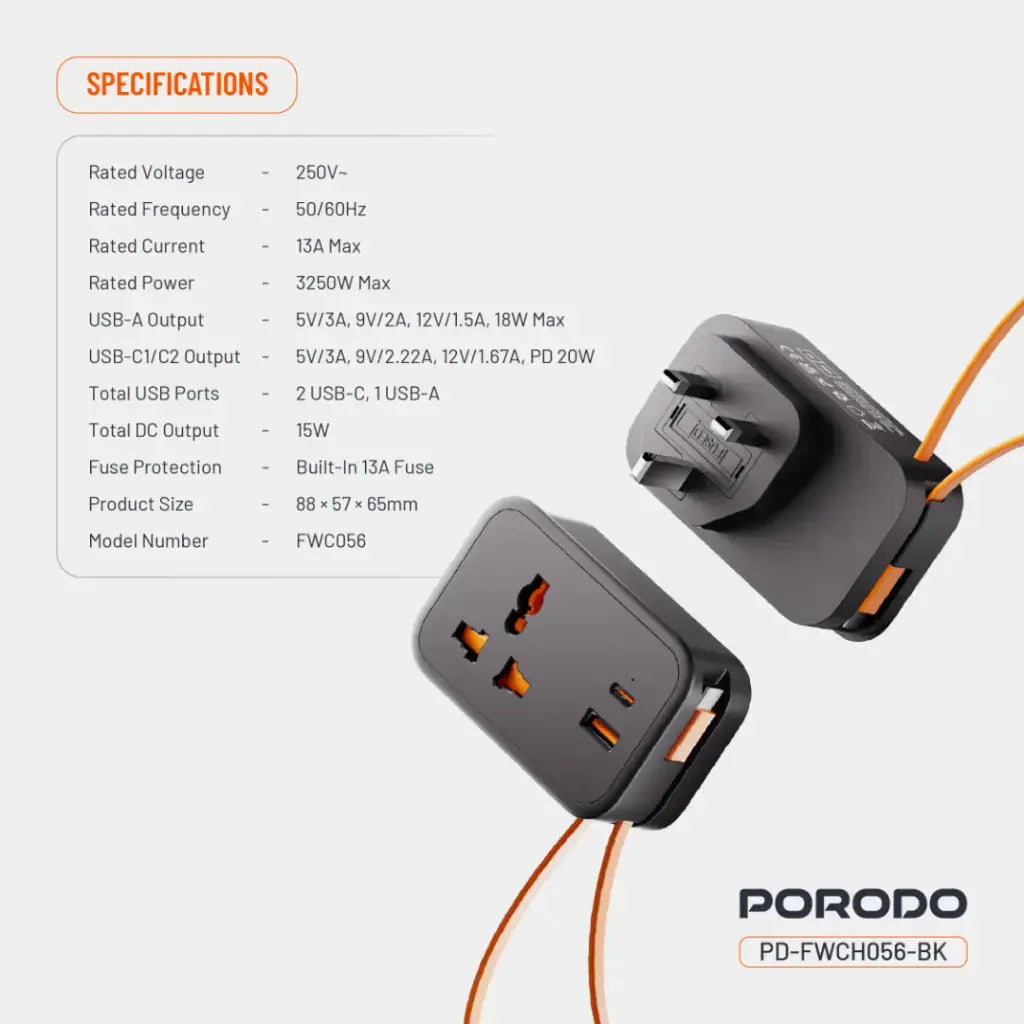 Porodo Universal Wall Socket - Black Porodo Universal Wall Socket - Black