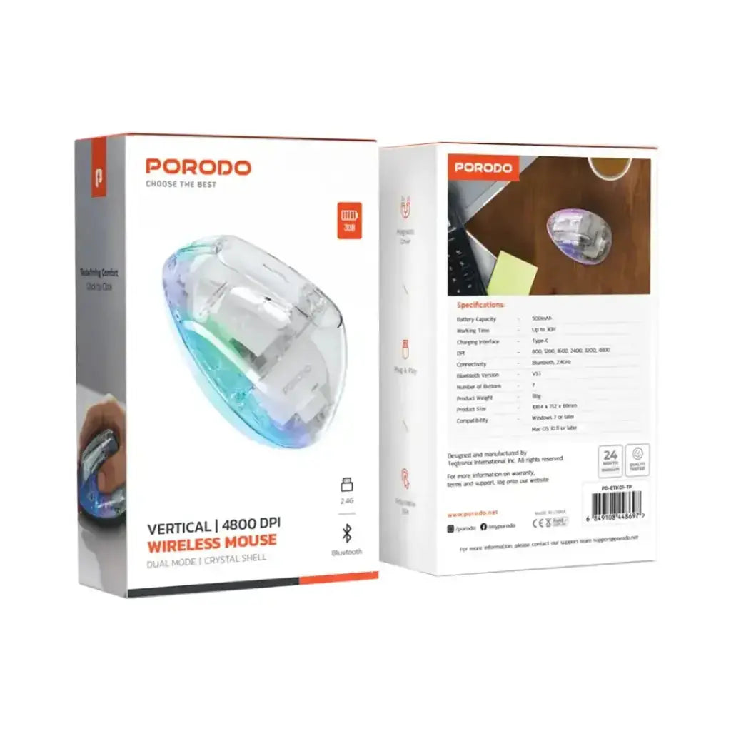 Porodo Vertical 4800 DPI Wireless Mouse - Transparent Porodo Vertical 4800 DPI Wireless Mouse - Transparent
