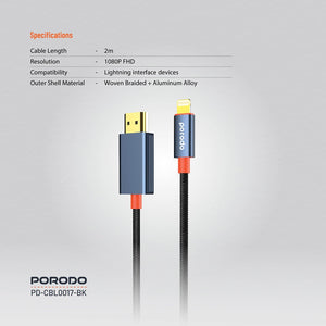 Porodo Woven Cable Lightning to HDMI - Black