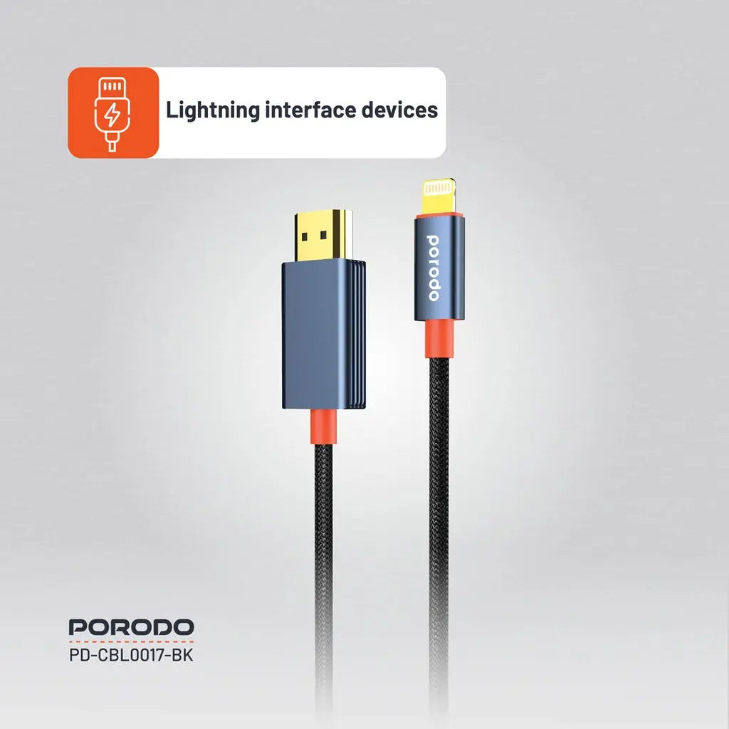 Porodo Woven Cable Lightning to HDMI - Black Porodo Woven Cable Lightning to HDMI - Black