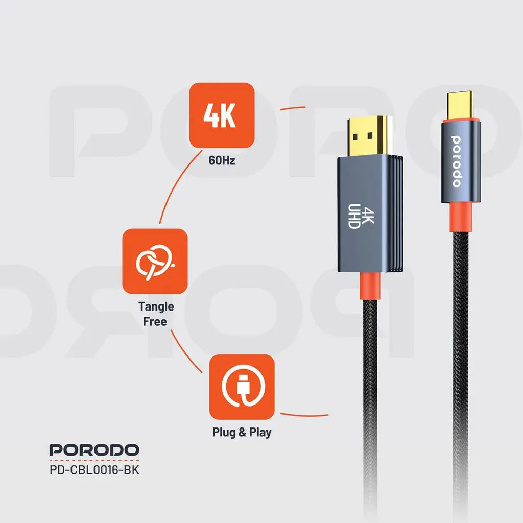 Porodo Woven Cable Type-C to HDMI - Black Porodo Woven Cable Type-C to HDMI - Black