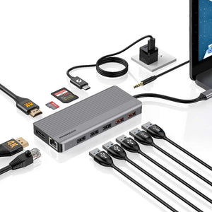 موزع USB-C 12 في 1 من Powerology، HDMI Type-C، 100 واط، PD، Ethernet، VGA، USB SD، MicroSD، 3.5، AUX - داكن 