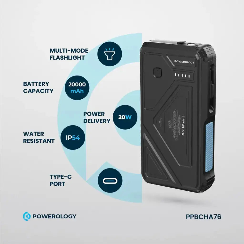 Powerology 20000mAh Solar Wireless Charging Power Bank - Black Powerology 20000mAh Solar Wireless Charging Power Bank - Black