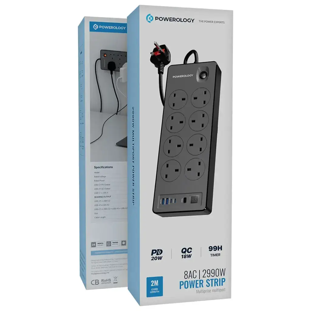 Powerology 8AC 2990W Power Strip PD 20W - Black Powerology 8AC 2990W Power Strip PD 20W - Black