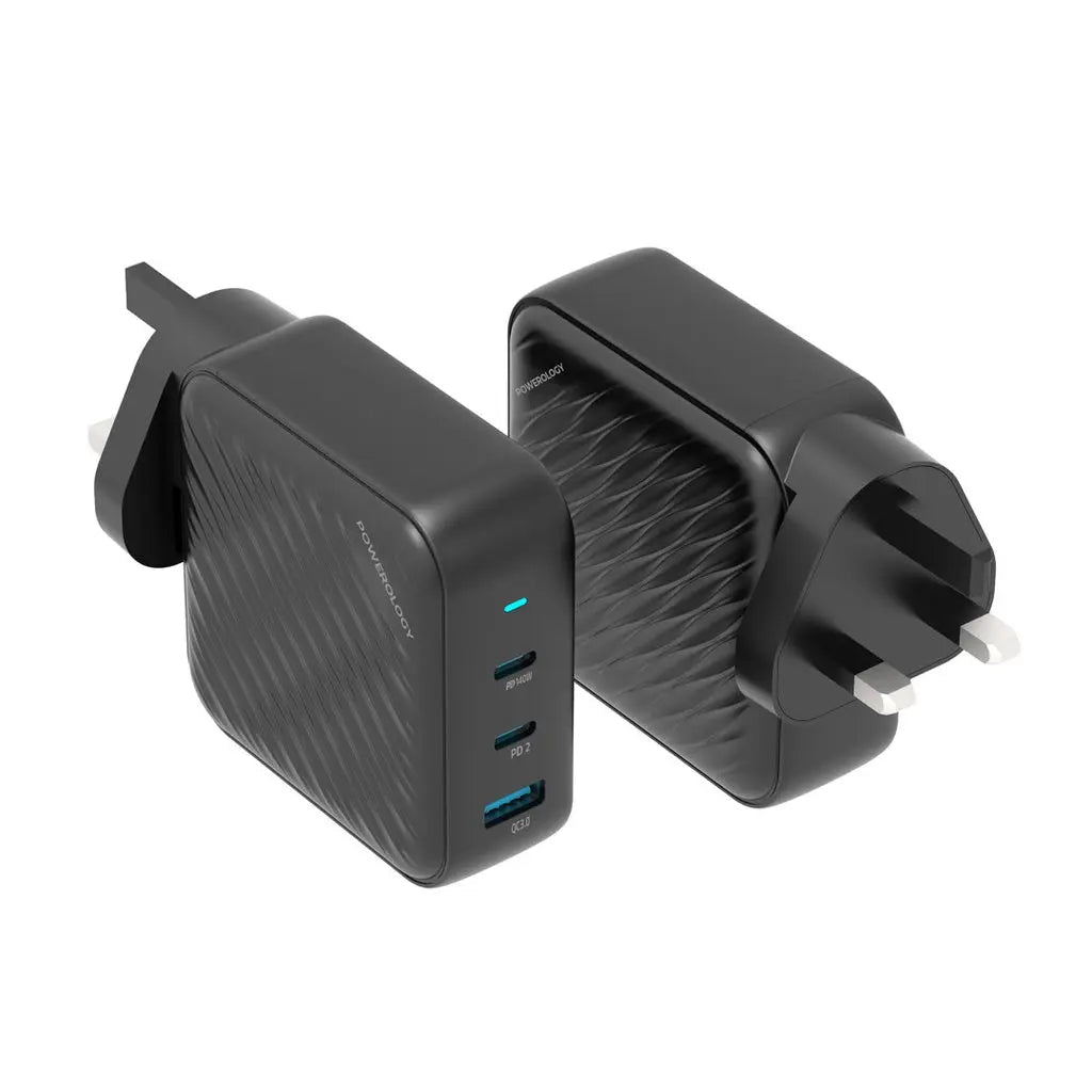 Powerology 140W PD QC 2xUSB-C and 1xUSB-A GaN Charger UK - Black Powerology 140W PD QC 2xUSB-C and 1xUSB-A GaN Charger UK - Black