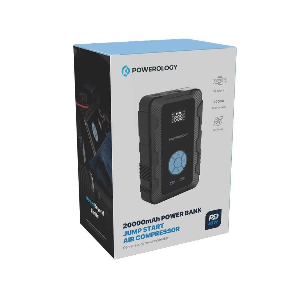Powerology Jumpstart with Air Pump PD45W 3000A Max Current 20000mAh 160Psi - Grey Powerology Jumpstart with Air Pump PD45W 3000A Max Current 20000mAh 160Psi - Grey