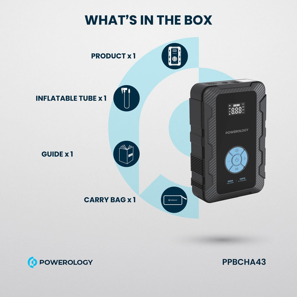 Powerology Jumpstart with Air Pump PD45W 3000A Max Current 20000mAh 160Psi - Grey Powerology Jumpstart with Air Pump PD45W 3000A Max Current 20000mAh 160Psi - Grey