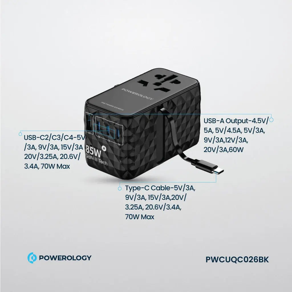 Powerology Universal GaN 85W Super Charger Retractable Type-C Cable Powerology Universal GaN 85W Super Charger Retractable Type-C Cable
