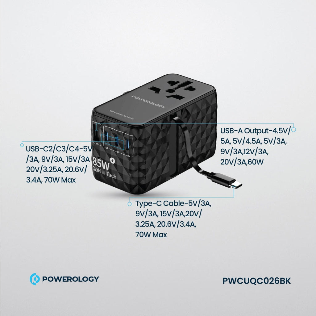 كابل Powerology Universal GaN 85W Super Charger قابل للسحب من النوع C 