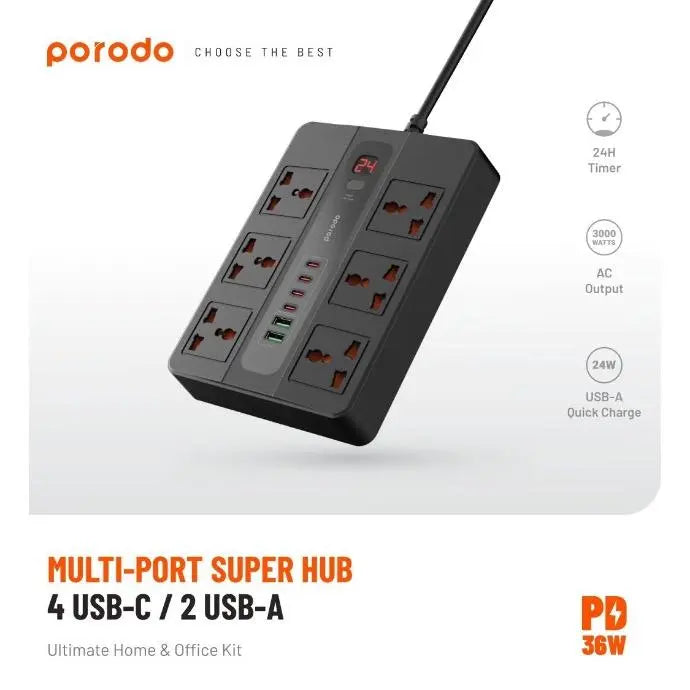 Porodo 6 AC 2 USB-A 24W & 4 USB-C PD 36W Multi-Port Super Hub 2M 3000W UK - Black Porodo 6 AC 2 USB-A 24W & 4 USB-C PD 36W Multi-Port Super Hub 2M 3000W UK - Black